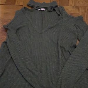 Green long sleeve cold shoulder high neck top